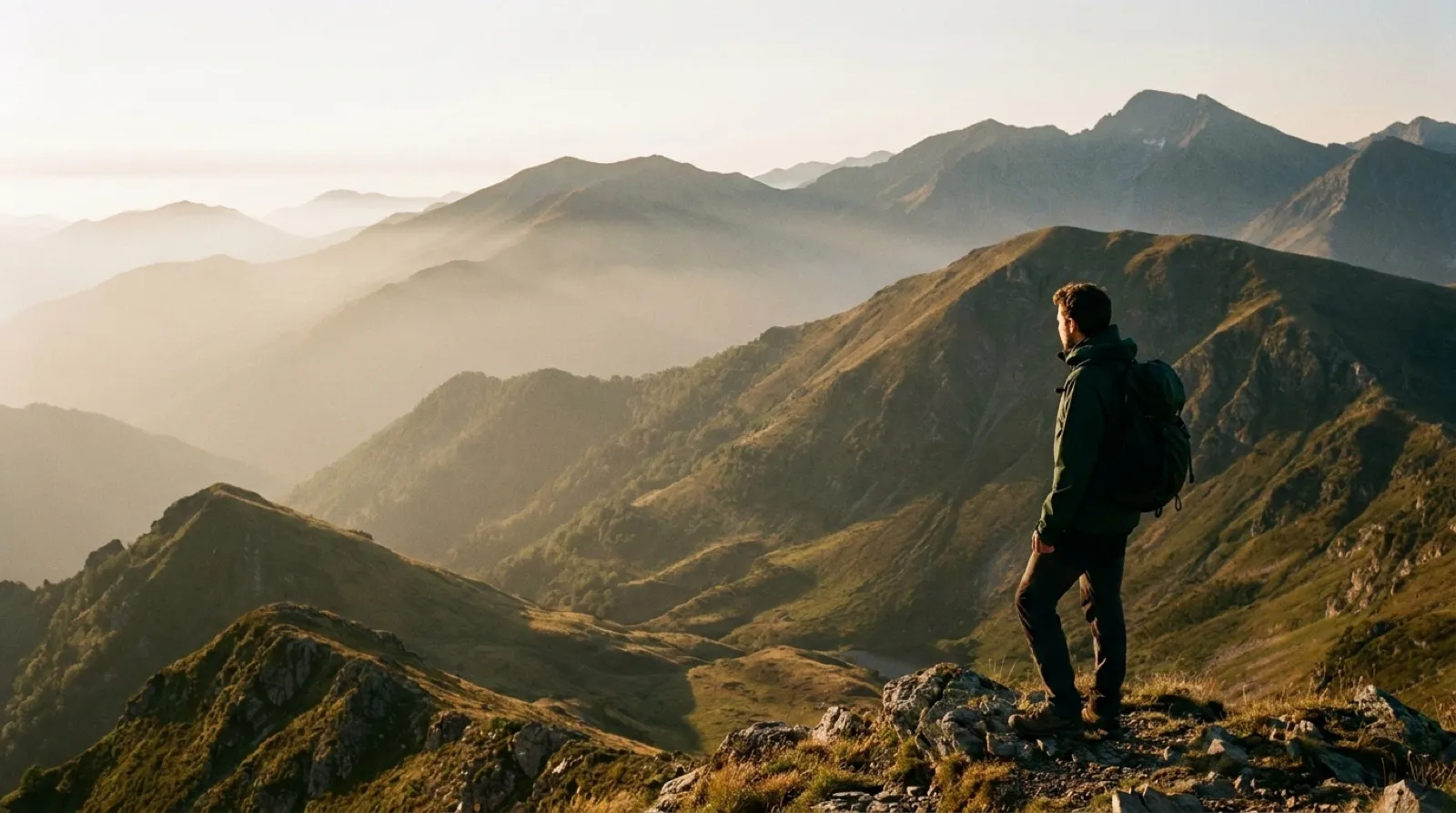 Bergsteiger in grüner Hardshell-Jacke blickt bei Sonnenaufgang über die Pyrenäen